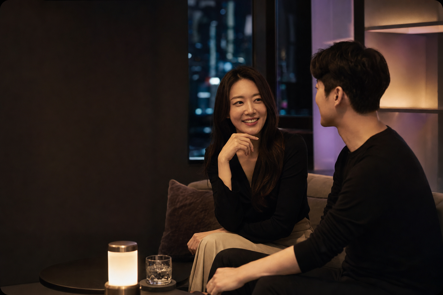 조용한 라운지에서 서로를 존중하며 대화하는 성인 사용자들